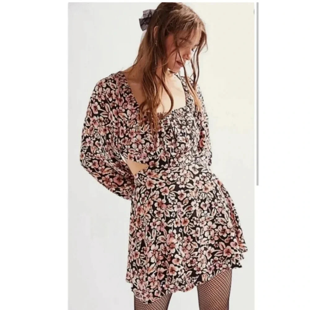 Free People Jael Floral Long Sleeve Mini Dress Cut Out Back Square Neck Medium